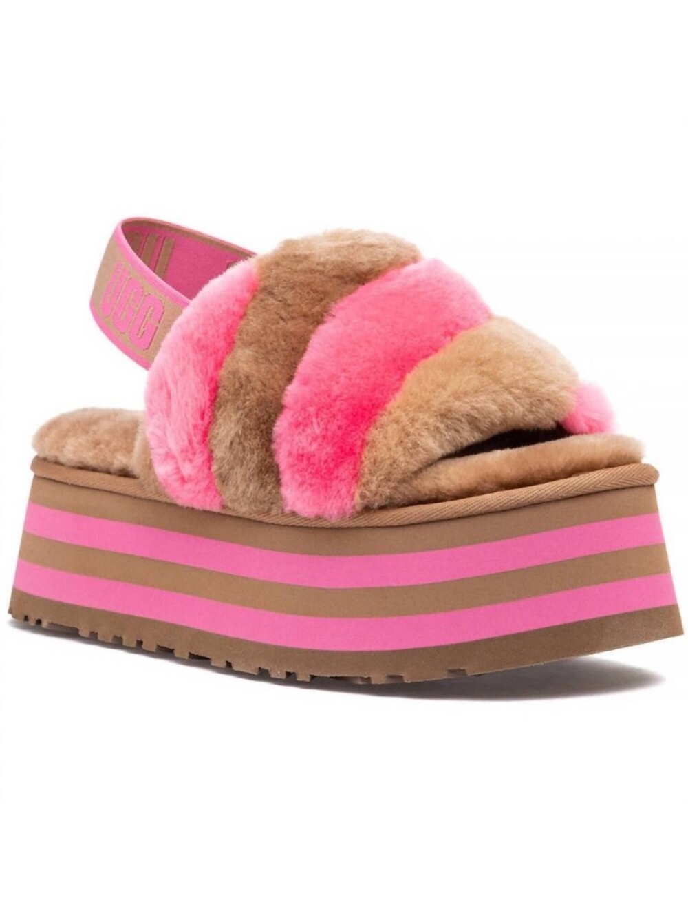 NEW! UGG Disco Striped Platform Slides Slippers Chestnut Pink Rose Size 9/10